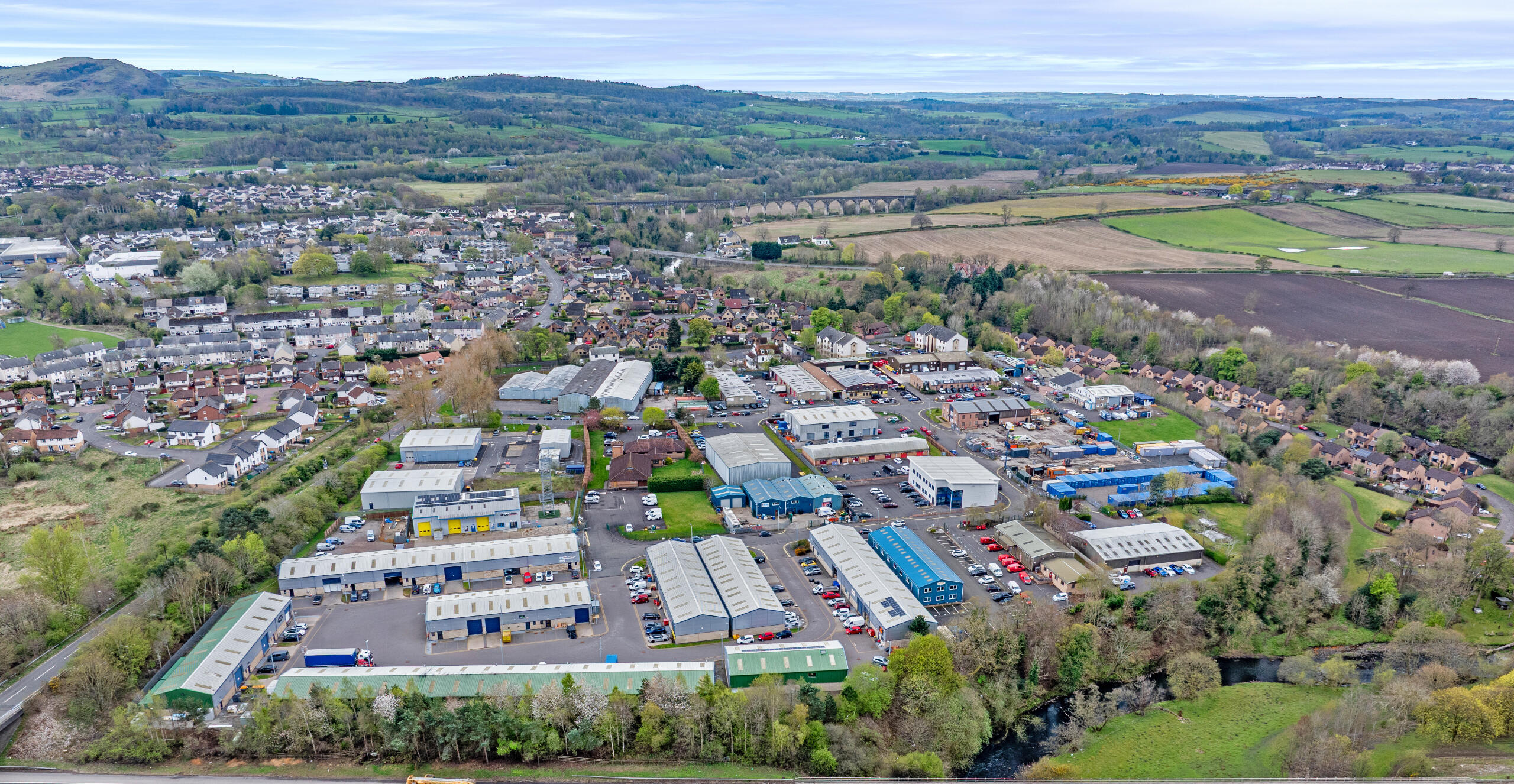 Aerial photo of Mill Road Industrial Estate in Linlithgow, home to Boxxs Self Storage serving Falkirk and West Lothian customers
