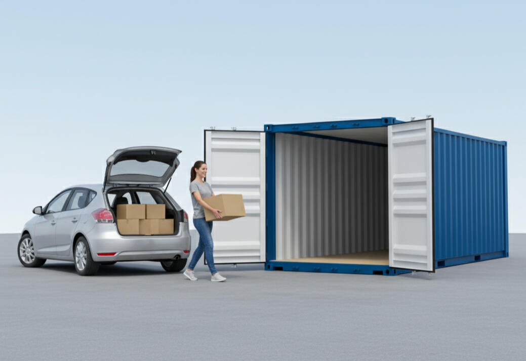 Woman unloading household boxes into a Boxxs self storage container at Linlithgow, providing secure and convenient storage for Falkirk and West Lothian customers